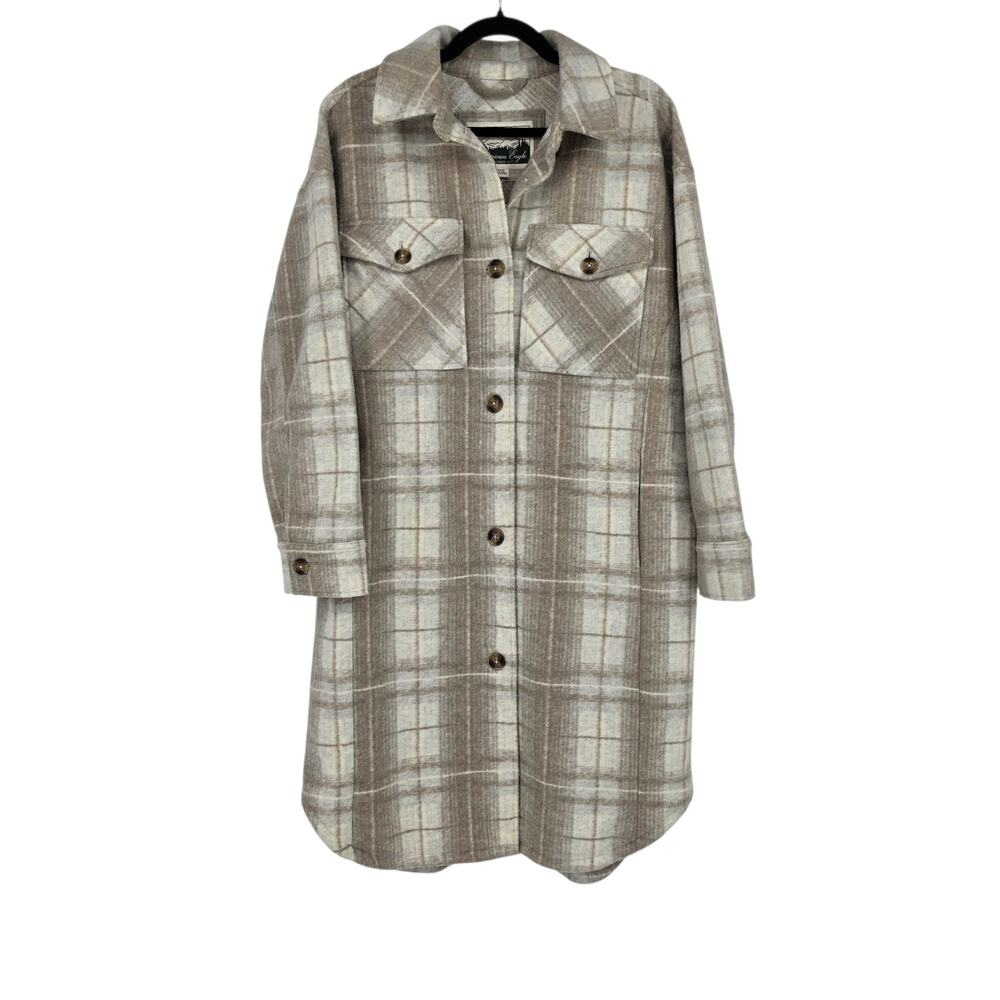 American Eagle Tan Plaid Fleece Elongated Shirt Jacket Shacket W/ Pockets Size M